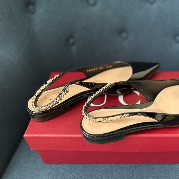 Gucci Shoes - Gucci Black Patent Leather Flats with Gold Chain